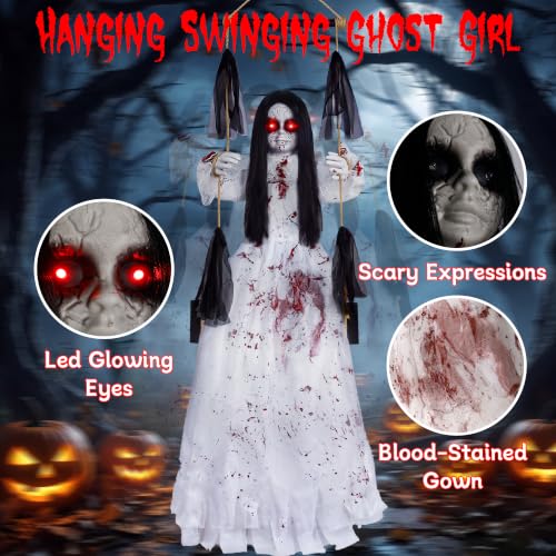 Girl 4.5 FT Hanging Halloween Swinging Ghost Prop with Sound & Lights