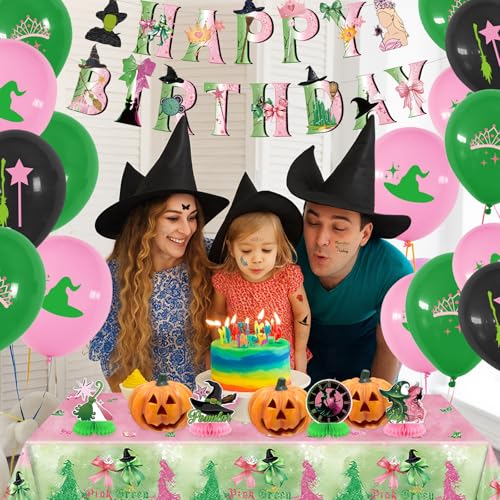 Witch Theme Birthday Party Decorations Set Pink Green Banner Balloons Centerpieces & Tattoos