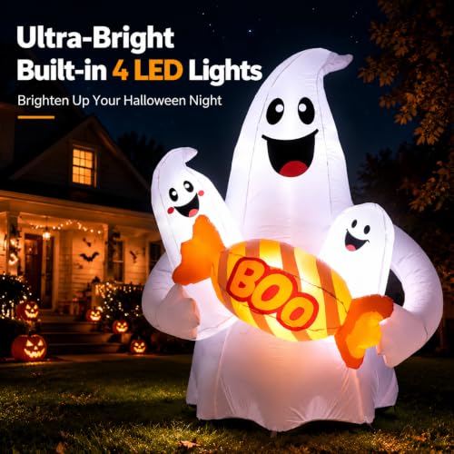 6 Ft Halloween Inflatable Ghost with Candy, Bright LEDs & Stakes - White Candy Ghosts Variation