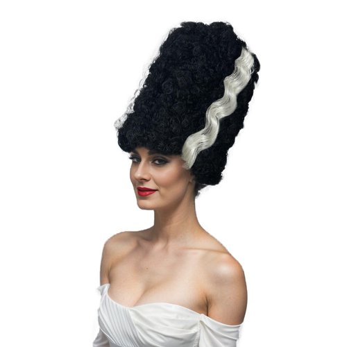 Luvfamday Long Black Curly Wig with White Streaks - Goth Bride Wig - Halloween Cosplay Costume Wig - Women Men