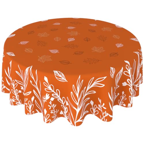 Fall Leaf Round Tablecloth 90 Inch - Autumn Leaves and Wild Flowers, Stain Resistant Washable Fabric, Fall Decor