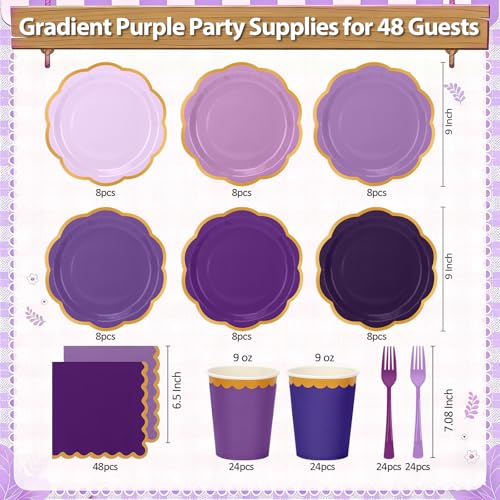 Purple Party Plates and Napkins Set for 48 Guests - Purple / 48 Set
