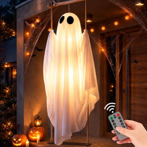 5FT Lighted Outdoor Indoor Halloween Ghost Swing Decoration - Spooky Hanging Ghost for Yard Porch Garden