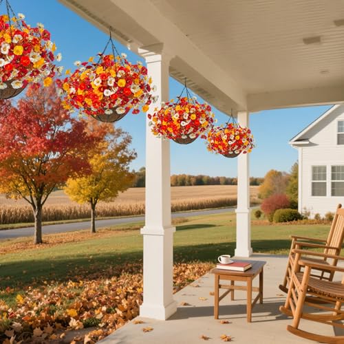 Artificial Hanging Flower Basket - Deep Autumn Faux Petunias, UV Resistant Outdoor Decor
