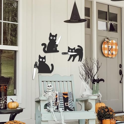 Black Cat Wooden Door Decor Set - Halloween Halloween Spooky Wall Ornaments for Home & Entryway