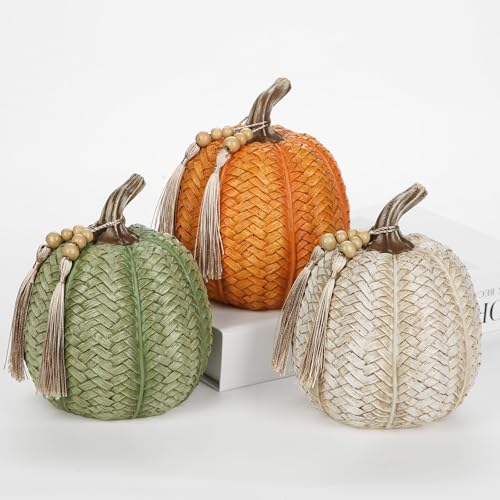 Fall Pumpkin Decor Set - 3 Pack Woven Resin Oranges, Whites & Greens for Autumn Thanksgiving Halloween