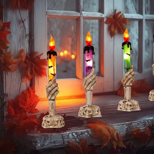 Halloween Skull Candle Stakes Set - 10 Pack Outdoor Waterproof Pathway Decor with Timer - Orange, Purple, Green