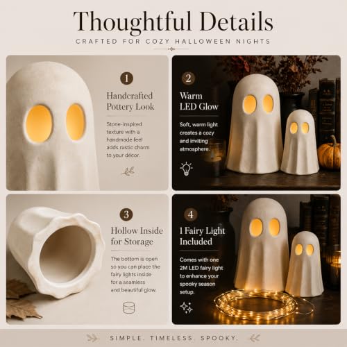 Halloween Ghost Figurines with LED String Lights - 7.87 & 5.91 Inches, Terracotta Decor Set - 2 Pieces - Variation of THIS listing