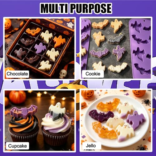 Halloween Ghost & Bat Silicone Mold Set - 3 Pcs Food-Grade Candy & Chocolate Molds with Purple Variation