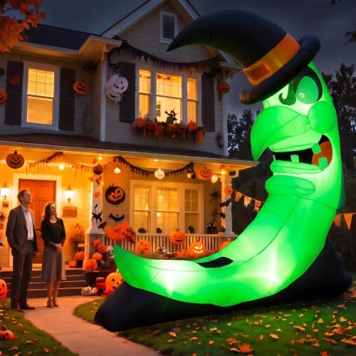 Green 8.9FT Halloween Inflatable Witch Moon Yard Decor with LED Lights & Accessories