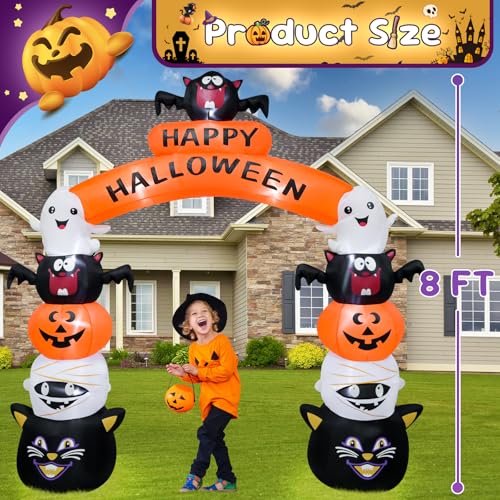 8FT Halloween Arch Inflatable with LED Lights - Ghost Cat Variation