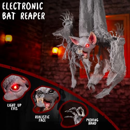 Halloween Animatronics 36in Reaper Bat - Spooky Hanging Animal Prop with Light Up Eyes & Sound