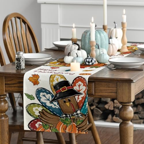 Pumpkins Turkey Thanksgiving Table Runner 13 x 108 Inch Fall Autumn Kitchen Decor - Beige