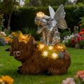 Solar Angel Sitting on Highland Cow Garden Statue with LED Lights - Outdoor Decor Gift