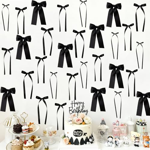 Black Satin Ribbon Bow Party Decorations Set - 40pcs for Elegant Birthday & Event Backdrop - Variation of THIS listing