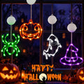 Halloween Window Lights 4 Pack - Pumpkin Ghost Spider Witch Hat Decor - Orange Purple Green