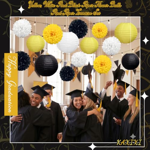 KAXIXI 15-Pack Black Yellow White Party Decorations Lanterns & Pom Poms - Variation Yellow Black White