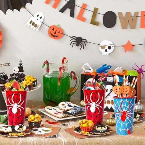 24 Pack Halloween Spider Web Plastic Party Cups with Lids - Reusable Kids Birthday Favors