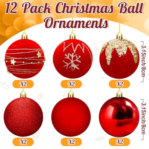 Red Velvet Christmas Ball Ornaments Set - 12 Pcs 3.15 Inch Flocked Holiday Decor