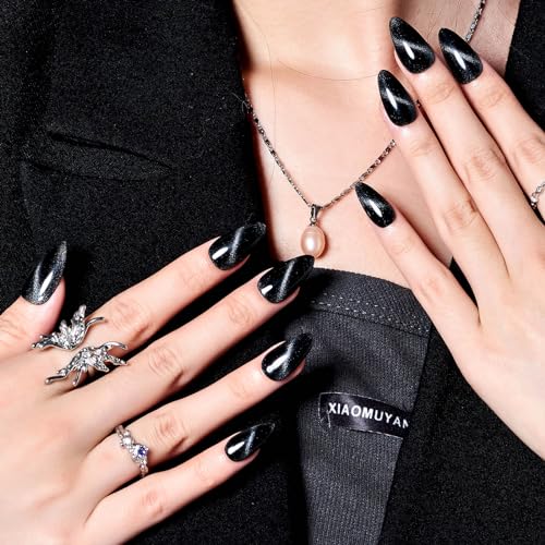Black Paradise Cat Eyes Press On Nails - Medium Almond Stiletto Fake Nails with Variation