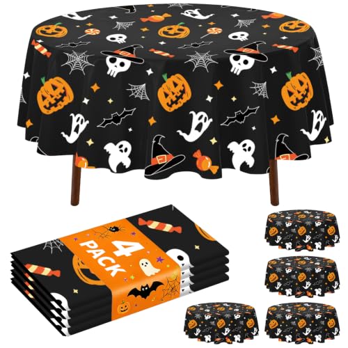Halloween Tablecloth 4 Pack | Pumpkin Ghost Round Plastic Cover 84" - Home Decor & Party Supplies