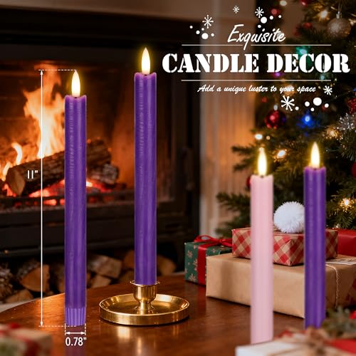 Flameless Taper Candles with Remote - Real Wax Advent Candles Set - Purple & Pink