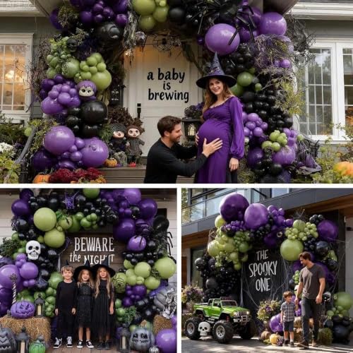 Halloween Balloon Arch Garland Kit Double Stuffed Green, Purple & Black Balloons - Spooky Party Decor