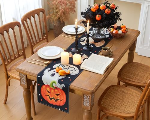 Halloween Black Cat Table Runner - Spooky Fall Decor for Dining Table 13x72 Inch