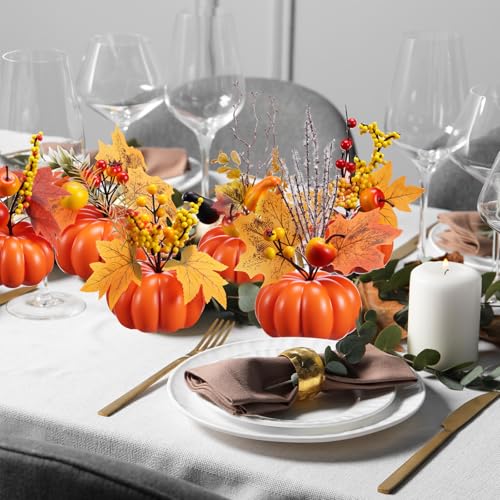 Set of 9 Fall Pumpkin Centerpieces with Berries and Maple Leaves for Thanksgiving and Halloween Decor