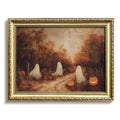 Autumn Ghost Framed Wall Art - 16x12in Halloween Pumpkin Canvas Print, Fall Farmhouse Decor