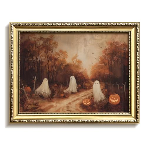 Autumn Ghost Framed Wall Art - 16x12in Halloween Pumpkin Canvas Print, Fall Farmhouse Decor