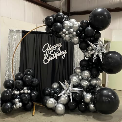 Black Silver Balloons Set - 12 Inch, 100 Pack with Ribbons - Variation of Black Silver