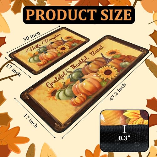 Fall Pumpkin Sunflower Kitchen Rugs Set of 2 Brown 17x47 & 17x30 Inches - Thanksgiving Decor