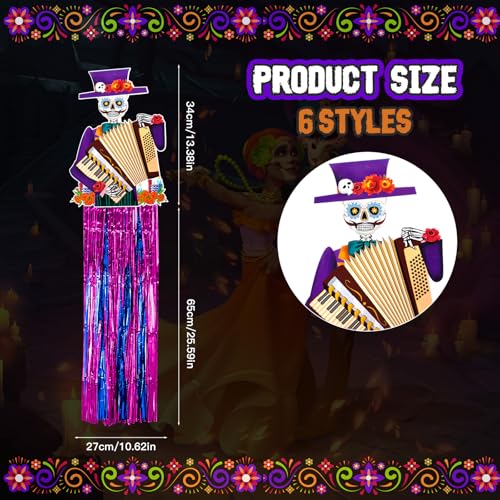 Day of the Dead Hanging Decorations - 6 Pieces, Colorful Skull & Tassel Set