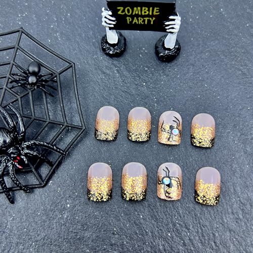Relief Spider Gem Halloween Glitter French Tip Press-On Nails - Short Square False Nails with Embossed Spider Charm - 24pcs