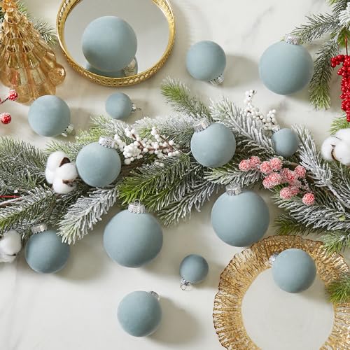 Velvet Christmas Ornaments Set 38Pcs Flocked Shatterproof Holiday Decorations - Gray Blue