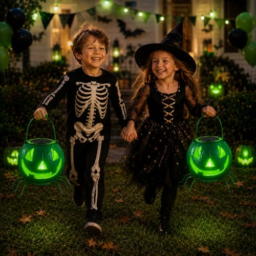 Solar Pumpkin Decor Light - Green Flickering Jack O Lantern with Spider Legs - D-Green Pumpkin Variation