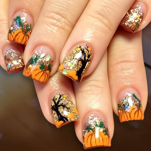 Halloween Press On Nails Short Square with Pumpkin Leaves Glitter - Variation W11