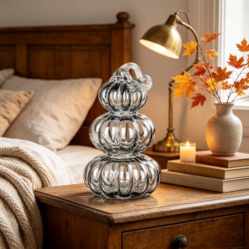 Black Medium Stacked Glass Pumpkin Decor - Fall Halloween Table Centerpiece