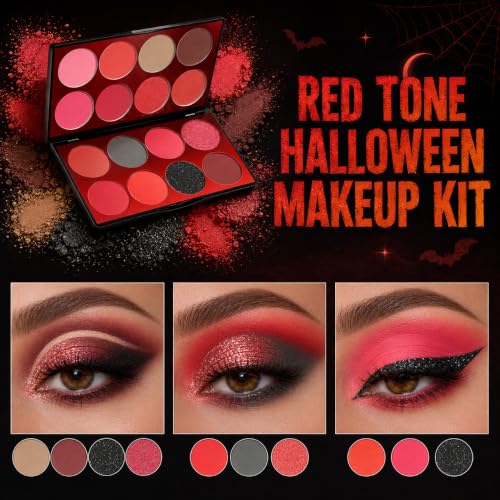 Red Eyeshadow Palette with Matte, Shimmer & Glitter Finishes - Halloween Makeup Kit - Variation: Red