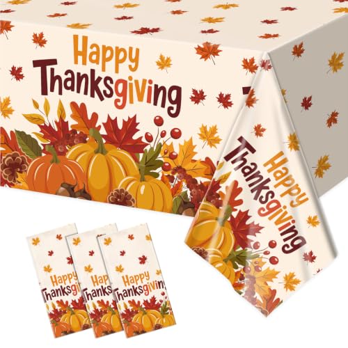 Happy Thanksgiving Disposable Plastic Tablecloth Set - 3 Pieces 54x108 Inches