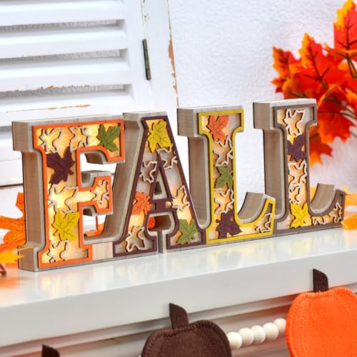 Lighted Fall Table Decor Sign - Rustic Wooden Thanksgiving Centerpiece with 3D LED Maple Leaves - Orange-Grey