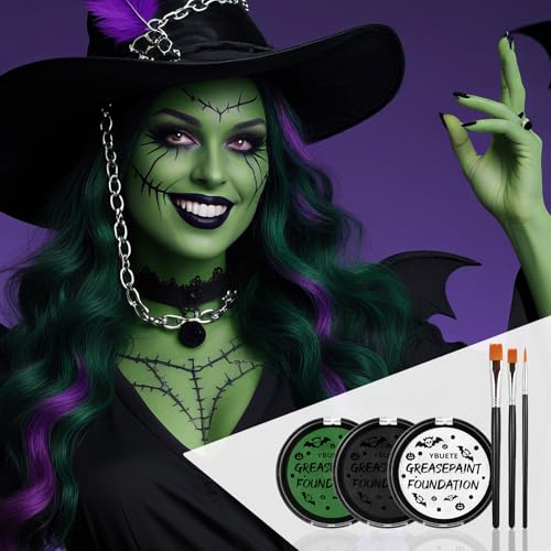 Oil-Based Face Paint Kit - Green White Black Halloween Makeup Set with Brushes