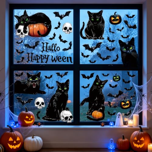 Halloween Window Clings - Black Cat Pumpkin Bat 6 Sheets Indoor Outdoor Decor - Variation: Black