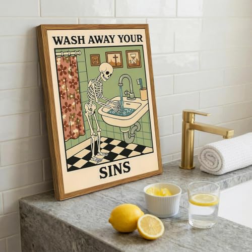 Halloween Gothic Skeleton Wall Art - Framed Moody Bathroom Decor 16x24 Inches
