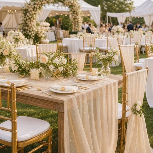 10pcs Fall Halloween Table Runner - Champagne Gold Metallic Sheer 10 ft - Windkream