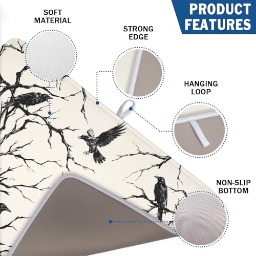 Halloween Crows Dish Drying Mat for Kitchen Counter Vintage Spooky Raven Pattern 24x18 Inches - Absorbent Microfiber Washable Drainer Pad