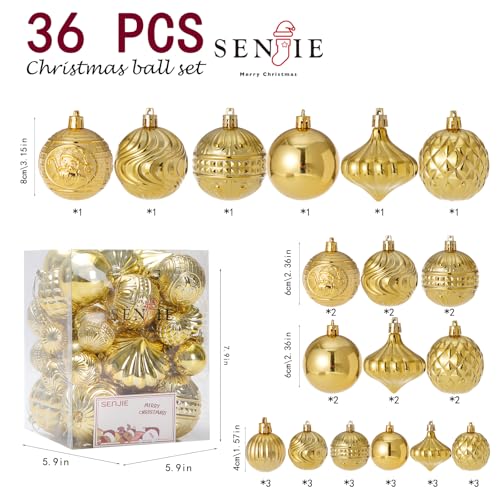 Christmas Ornaments Set with 36PCS Shatterproof Tree Decorations - Gold, 3 Sizes, 7 Styles - Variation: Gold / 36 pcs