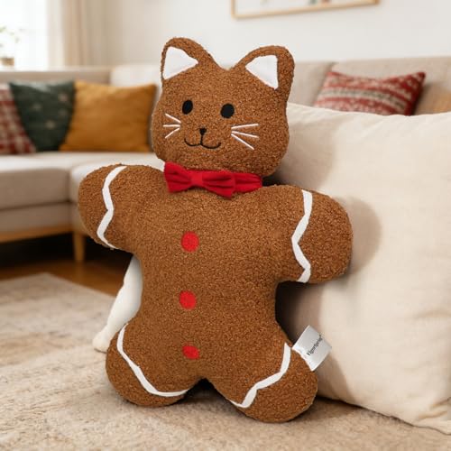 17 Inch Gingerbread Cat Plush Pillow - Cozy Decorative Throw Cushion