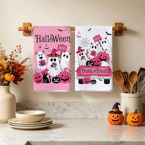 Pink Halloween Kitchen Towels - Ghost Hand Towels, Spooky Decor, Hexagram